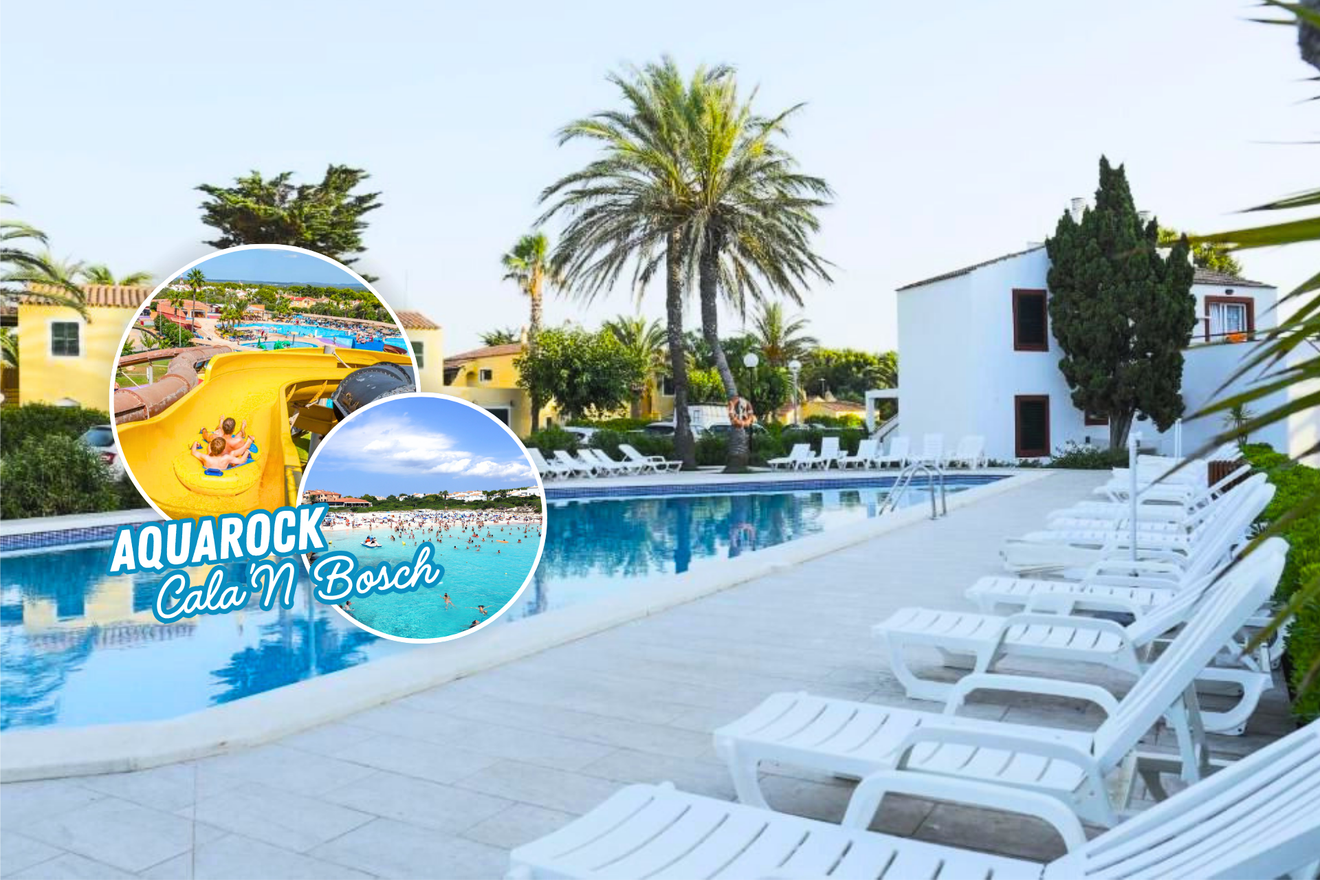 🌞🚢 MENORCA EN FERRY CON HOTEL Y PARQUE ACUÁTICO🌴💦 Apartahotel familiar con acceso al parque acuático Aquarock 📍Cala'n Bosch